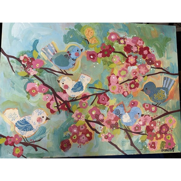 Oopsy Daisy Cherry Blossom Birdies Painting Meghann O'Hara 24"x18"  Signed - NEW - Picture 1 of 5
